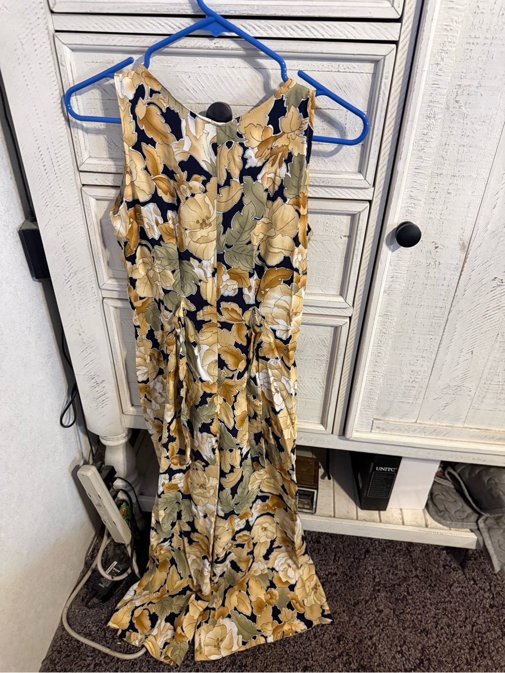 Ann Taylor Navy Floral Sleeveless Maxi Jumpsuit with Mustard and Olive Accents